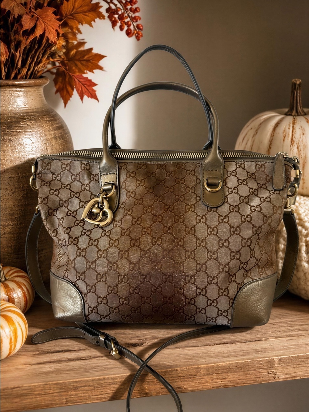 Gucci Brown Monogram Tote with Olive Leather Trim and Gold Hardware